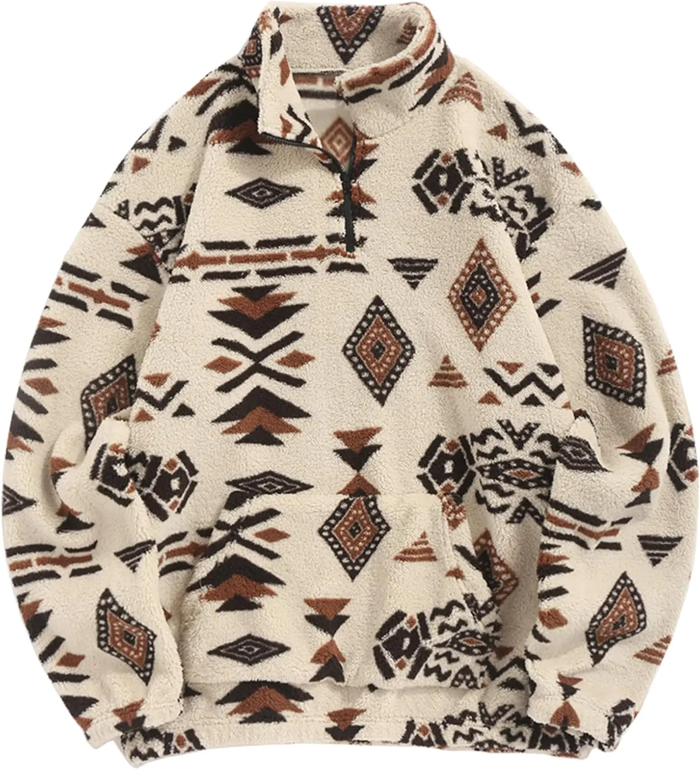 Mens 1/4 Zipper Fleece Sherpa Pullover Sweatshirt Ethnic Aztec Printed Kangaroo Pocket Fall Winter Unisex Hoodie Tops