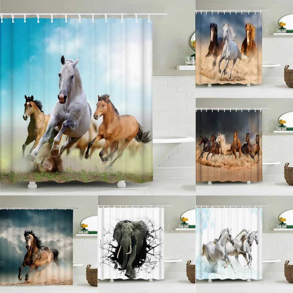 Animals Horse Shower Curtain Polyester Fabric 3d Printing Bathroom Curtain Waterproof With Hook Large Size 240X180 Bath Curtains