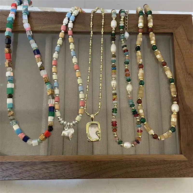 

Colorful Multi-layered Hand-woven Necklace Women's Fashion Vintage Natural Stone Pearl Bead Chain Bohemian Daily Jewellery Gift