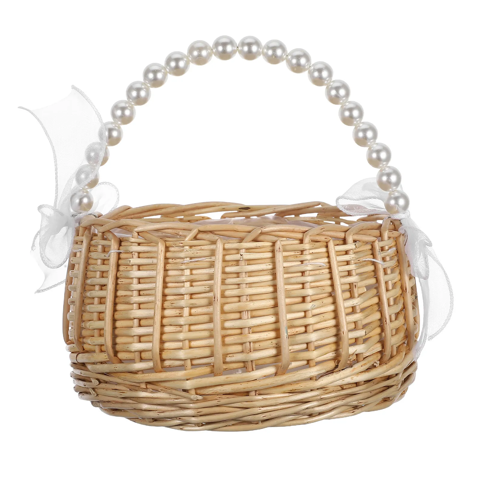 

Корзина для цветов для девочки-цветочницы на свадьбу с жемчужной ручкой, плетеная корзина из ротанга для декора свадебной церемонии