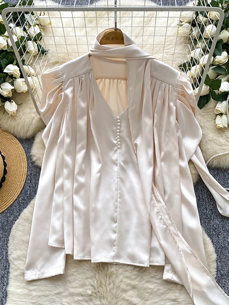 

Осенняя женская блузка с v-образным вырезом и рукавами-пузырьками, новая модная элегантная однотонная гладкая шелковая рубашка, топ T51