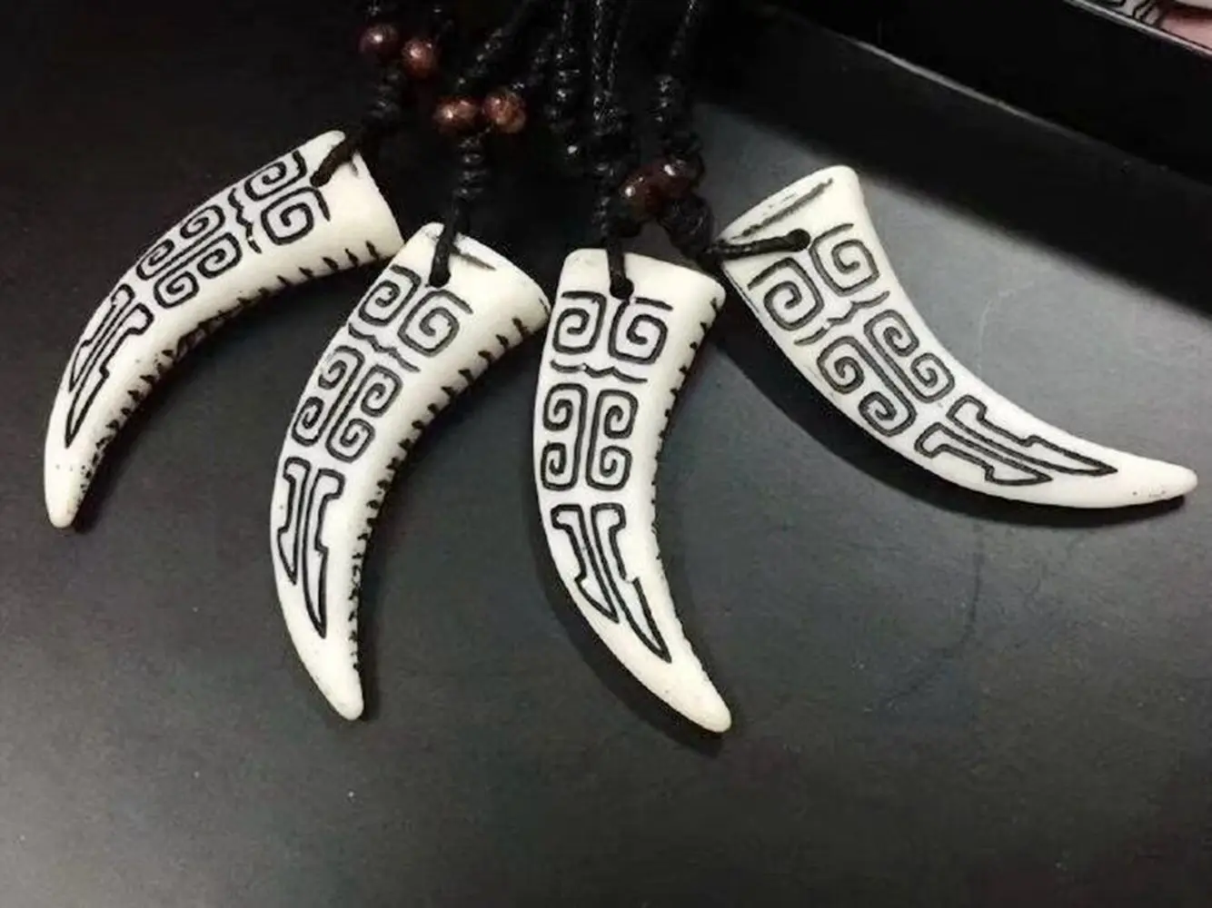 12 pcs men's imitation Yak Bone Carved Pendant Wolf Tooth Necklace Amulet Tooth Adjustable Rope Gift