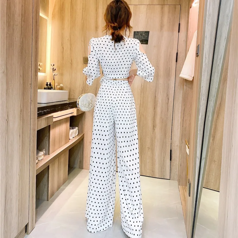 2022 Summer New Women Vintage Suit Fashion Off-The-Shoulder V-Neck Lace Tops Slit Wide Leg Pants Polka Dot Two-Piece Suit Female