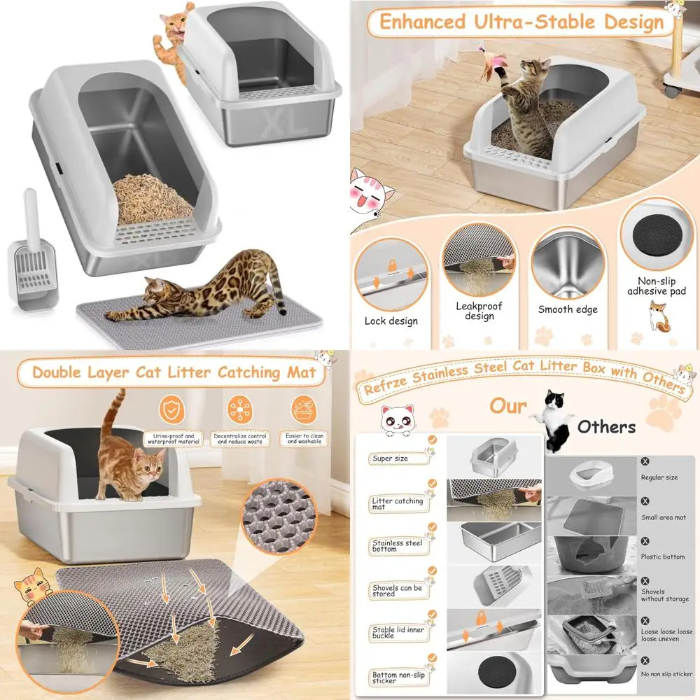 

Extra Large 24 XL Stainless Steel Cat Litter Box with Lid, Ideal for Multiple Cats, Anti-Leakage Design