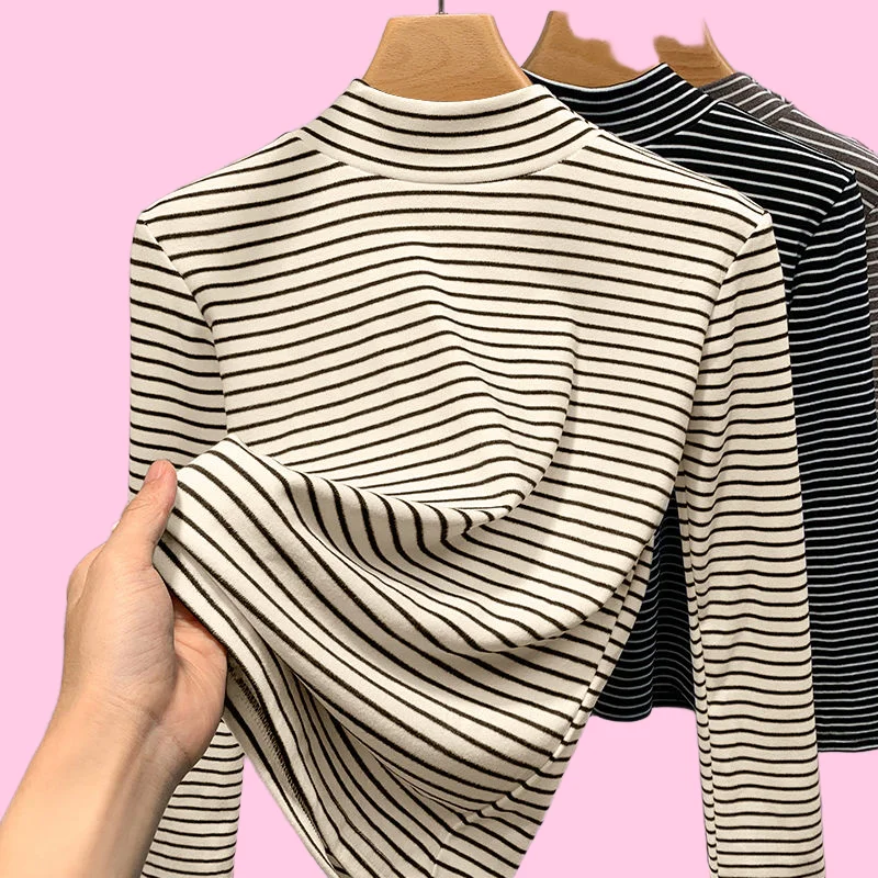 

Autumn Winter Half Turtleneck Bottoming Shirt for Women with Retro Black and White Striped Long-sleeved T-shirt Tops for Women