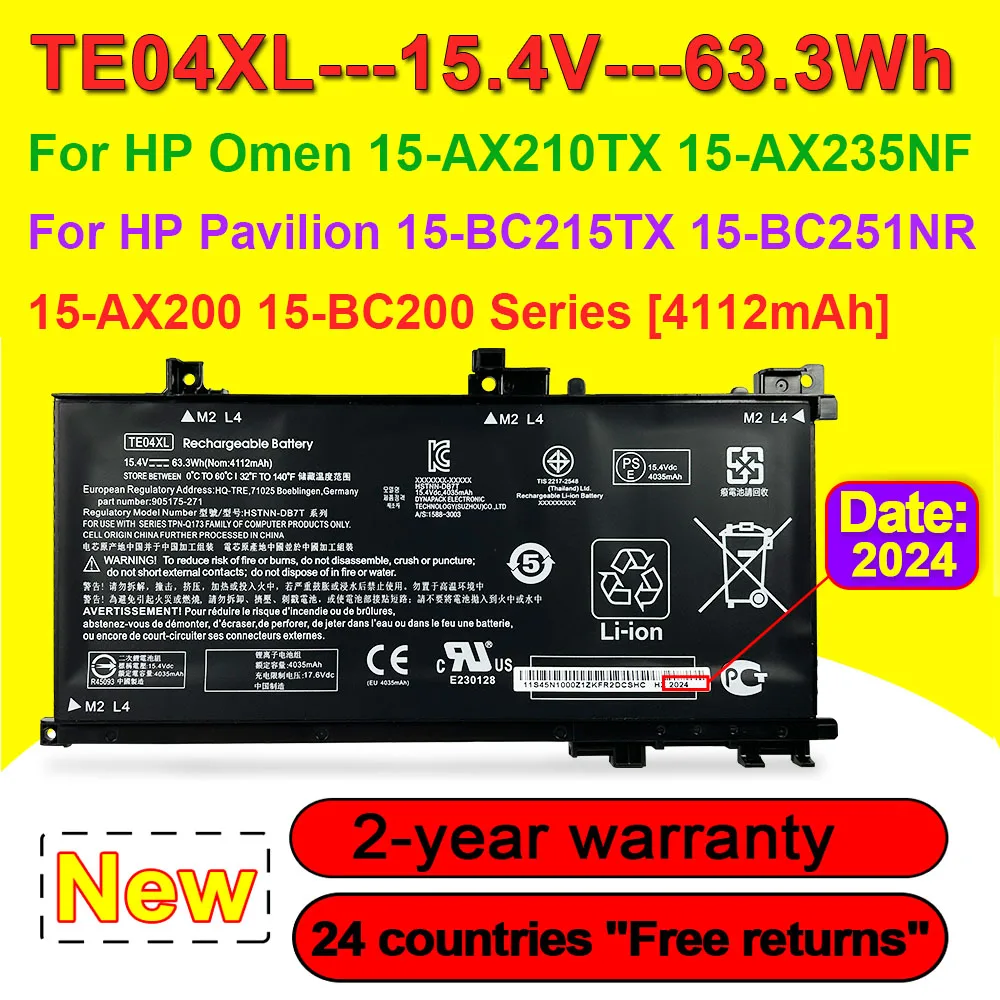 TE04XL Battery For HP Omen 15-AX200 15-AX210TX 15-AX202NA 15-AX201LA 15-AX235NF 15-BC200 15-BC215TX 15-BC225TX 15.4V 63.3Wh