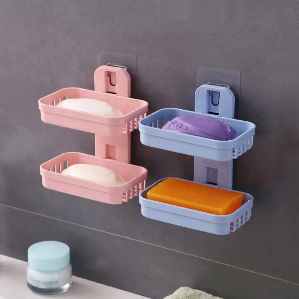 Wall Mounted Soap Box Double Layer Punch Free Hollow Drain Rectangle Keep Soap Dry Shower Soap Dish Holder Container Saver