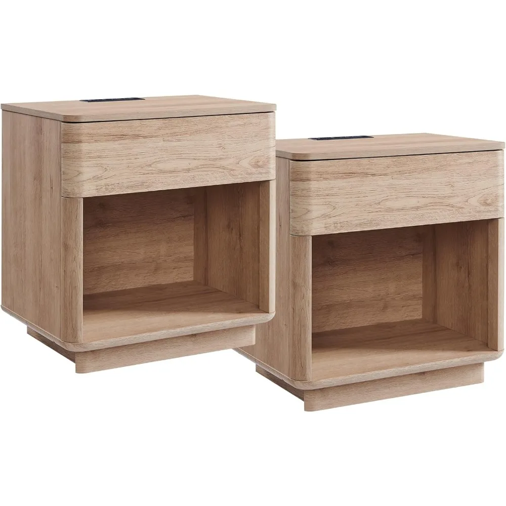 

Pair of Modern Nightstands with Charging Dock, 22" Tall Bedside Tables featuring Push-to-Open Drawers and Open Shelving for Beds