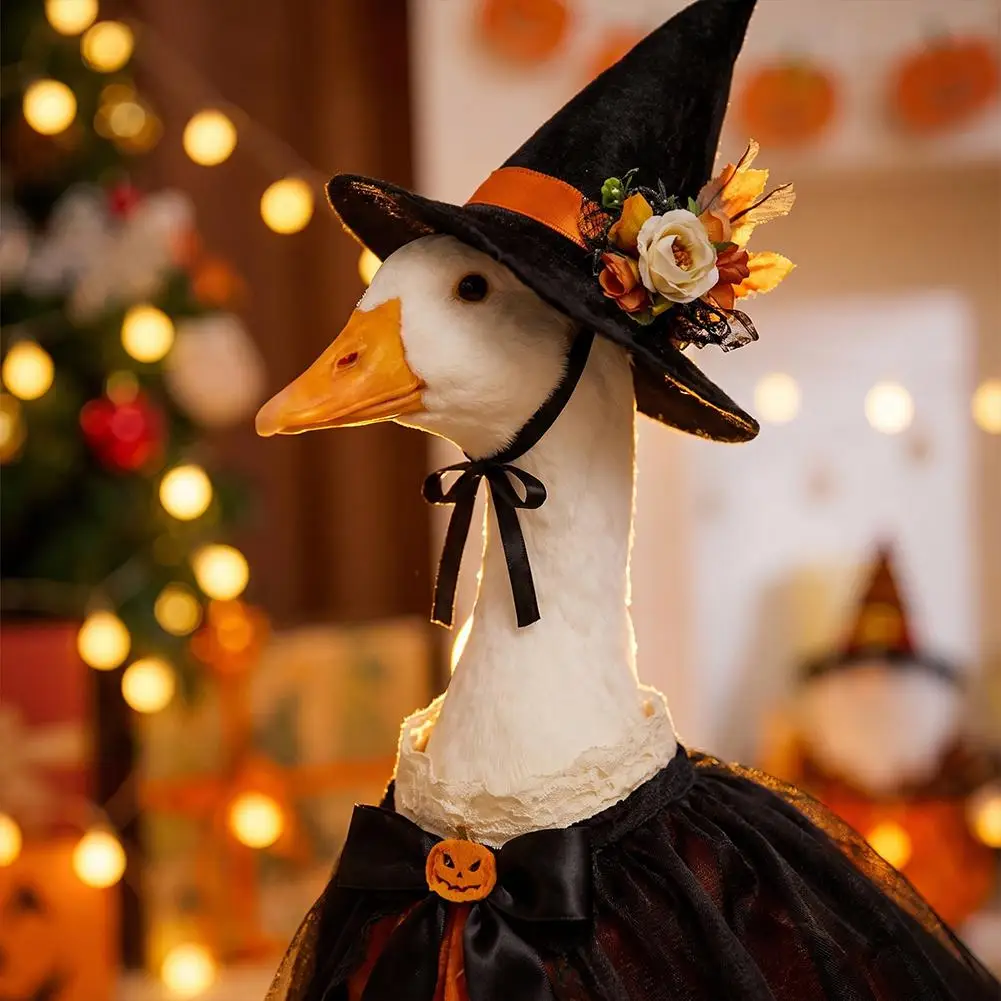 Halloween-Gänse-Hexen-Kostüm mit Hut, Schwarzes-Katzen-Muster, Garten-Veranda-Gänse-Dekor-Outfit für Party, Garten und Außenstatuen – Detail 8
