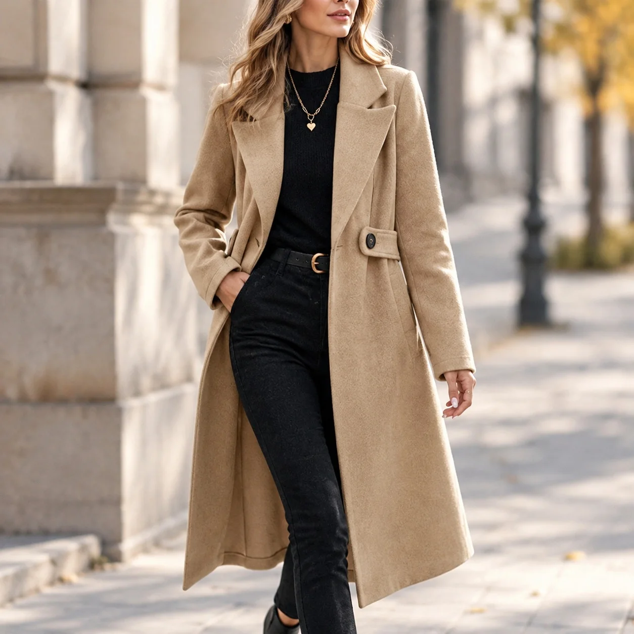 Pocket V Neck Coat Regular Fit Commuter with Double Breasted Professional Extended Length Elegant Long Sleeve Winter Women Coat