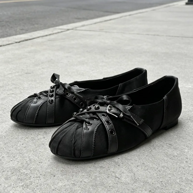 Unique Rivet Detail Sports Ballet Flats Women Fashion Belt Buckle Pleated Mary Jane Shoes Comfort Lace-up Round Toe Casual Shoes