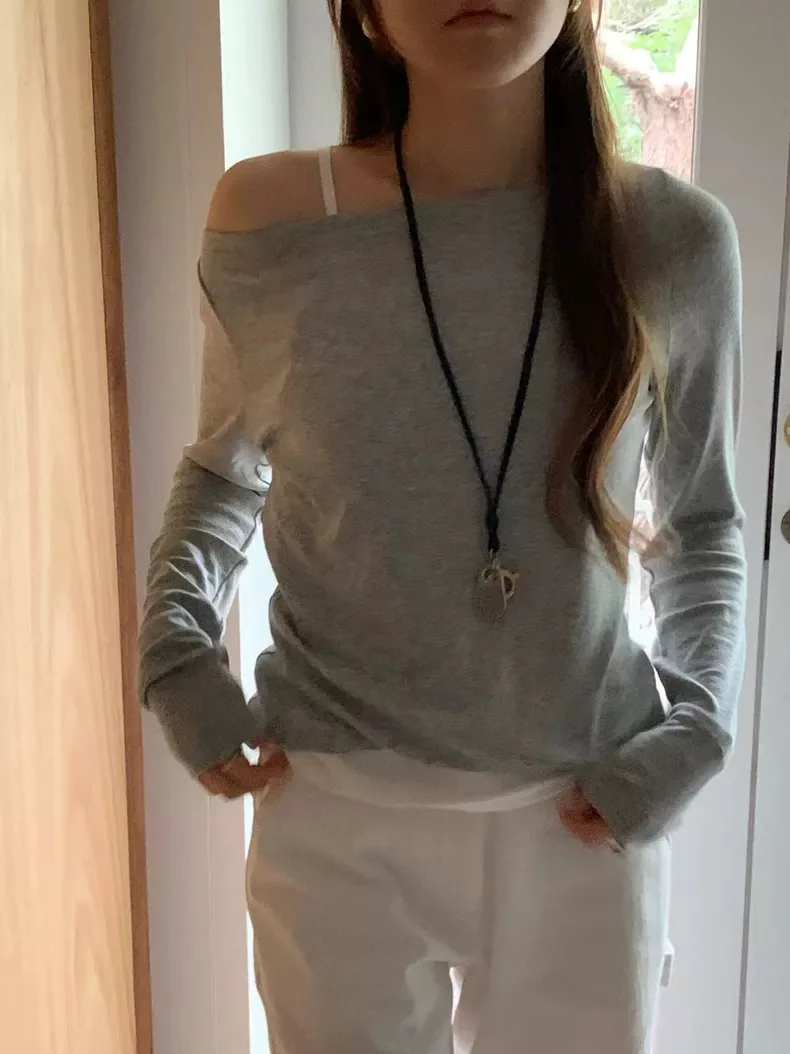 

Soft Pure Desire Style Long Sleeve One Shoulder T-Shirt Women's Skin-friendly Inner Wear Cotton Sun Protection Top