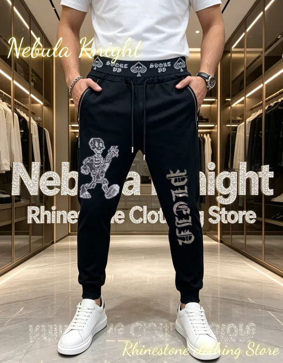 Male Luxury Rhinestone High Elastic Waist Sweat Trousers Zipper Pocket Fashion Streetwear Casual Jogger Pants Summer Daily Wear