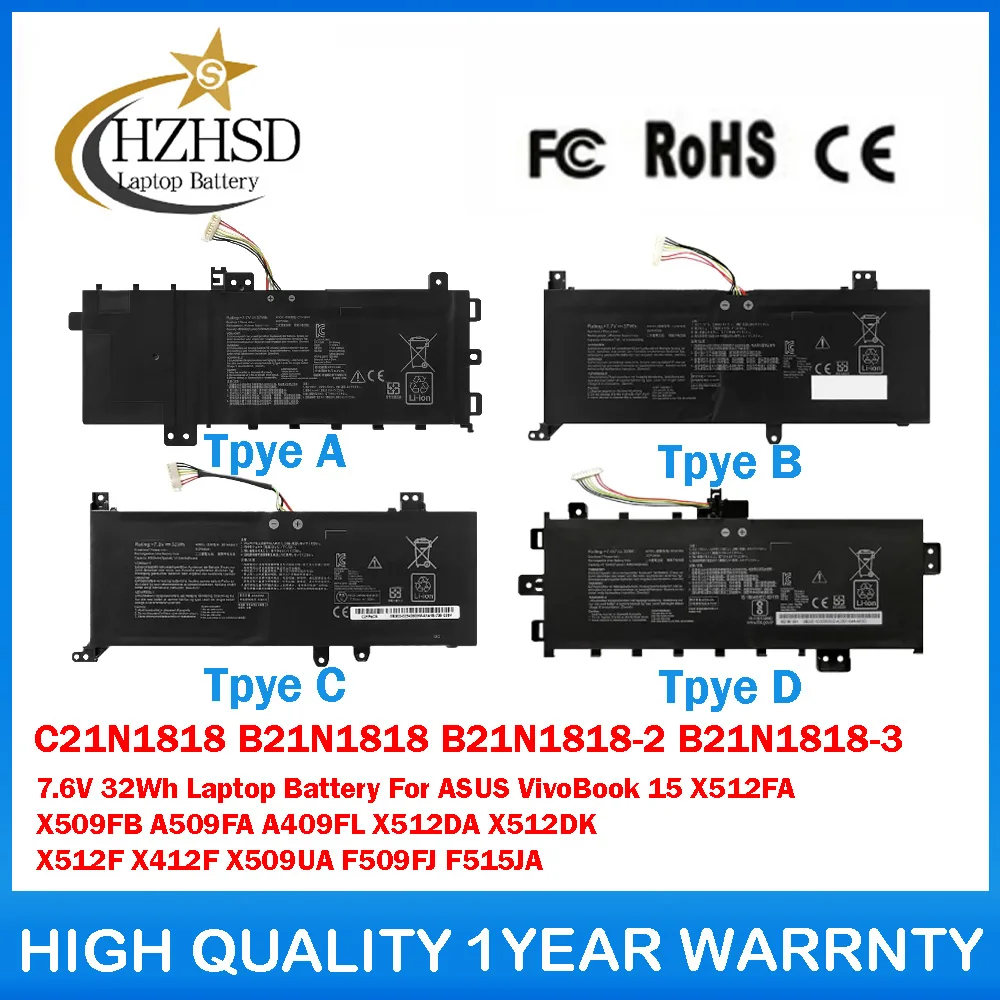 

C21N1818-1 B21N1818 B21N1818-2 B21N1818-3 7.6V 32Wh Laptop Battery For ASUS VivoBook15 X512FA X509FB A509FA A409FL X512DA X512DK