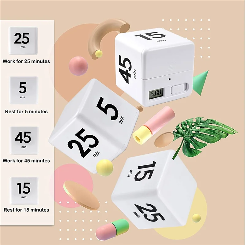 IDUD 2X Cube Timer Kitchen Timer Time Management Timer For Gravity Sensor Flip For Time Management Countdown 25-5-45-15 Minutes