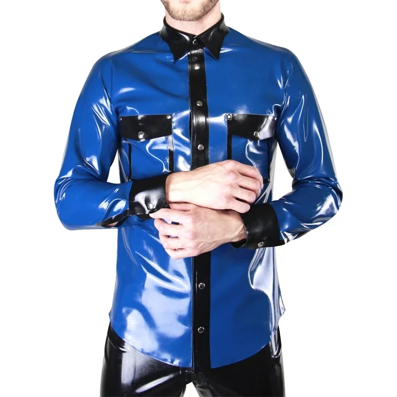 

Fashion Sexy Latex Shirts Long Sleeves Buttons At Front Rubber Tops with Pocket Blue with Black Trims for Men