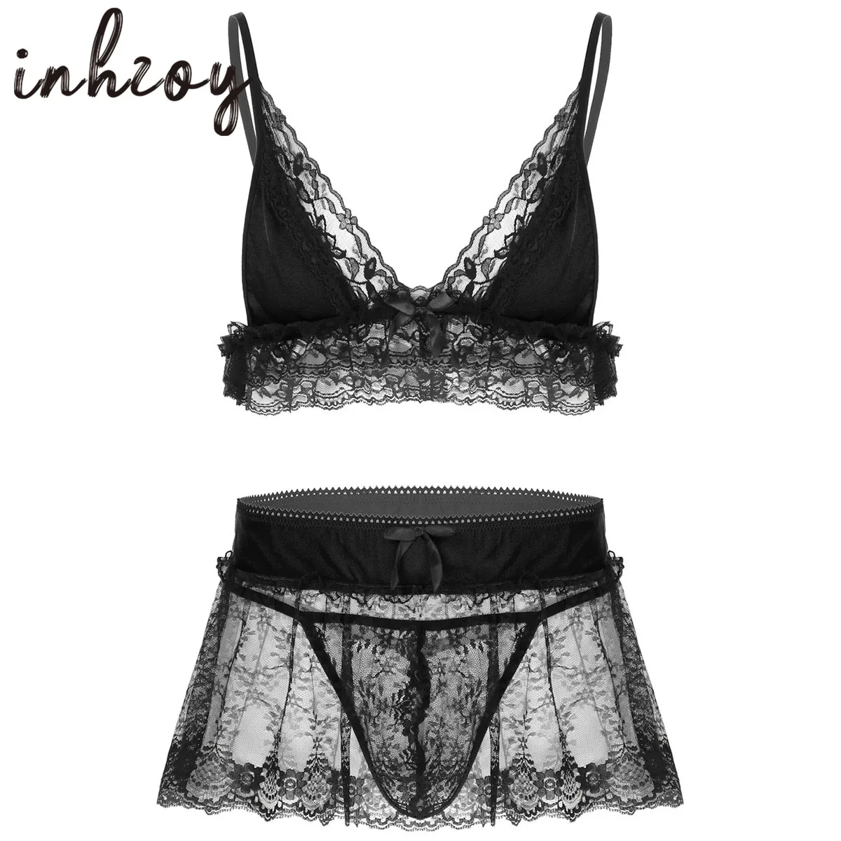 Mens Lace Sissy Lingerie Set Erotic Crossdress See-though Underwear Spaghetti Straps Bra Top with G-string Panties Briefs