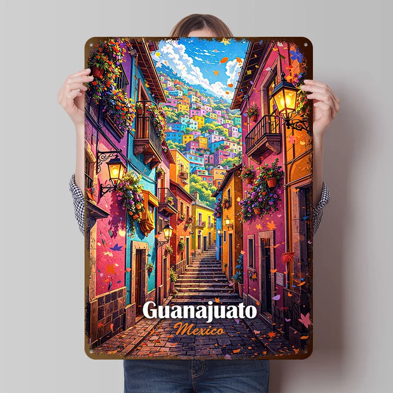 Póster Metálico Colorido con Escena Callejera de Guanajuato, Arte de Pared Personalizado, Letreros Metálicos Retro Vintage para Decoración de Cuartos de Hombre, Accesorios para el Hogar