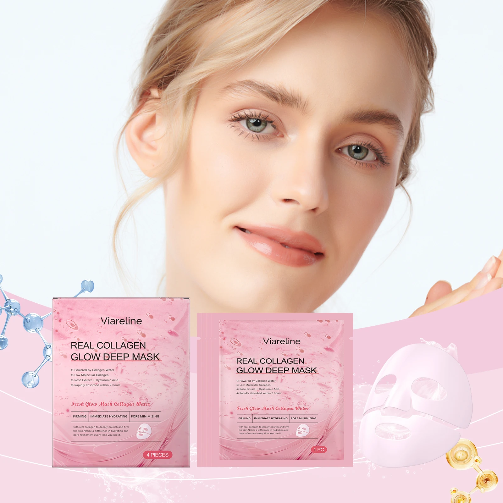 Real Collagen Glow Deep Mask - Conjunto de máscara facial hidratante de 4 peças com água de colágeno e ácido hialurônico |   Plomando instantâneo e poro M