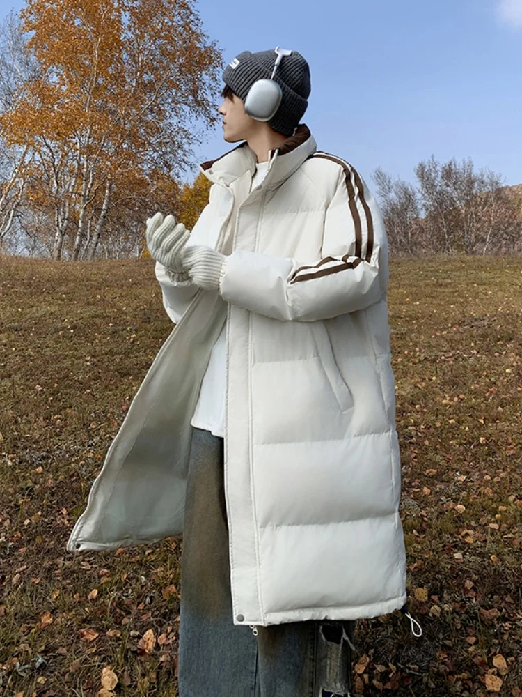 

Thiened Cotton Jaet Men's Winter Long Over-Knee Warmth Protection Faionable Youth Brand Stand Collar Long Sve Zipper