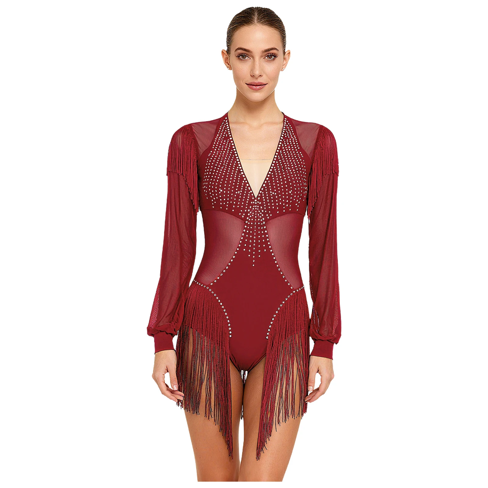 

Womens Latin Tango Leotard Sheer Mesh Patchwork Shiny Rhinestones Tassel Long Sleeve Jumpsuit Salsa Figure Skating Bodysuit
