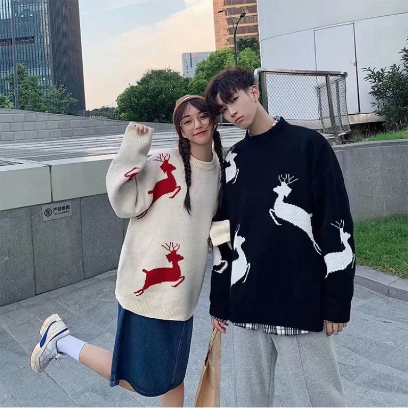 

Loose Fit Long Sve round Ne Knitted Sweater Deer Pattern Cisas Theme Casual Wear for Men Comfortable Breathable Autu...