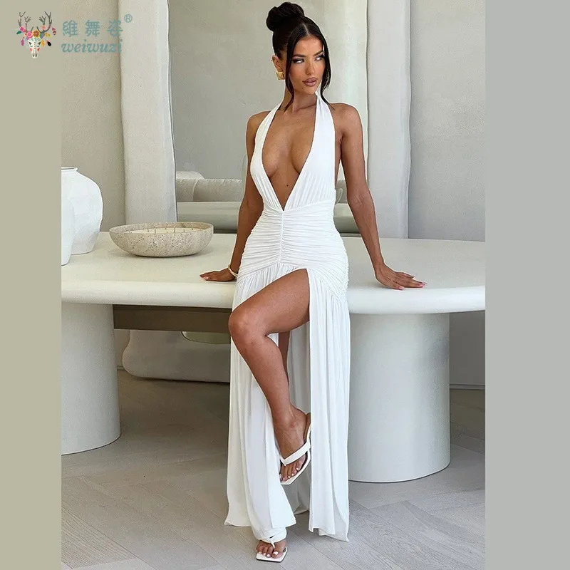 セクシーなネックハンギングディープVネックノースリーブロングイブニングドレス、バックレスハイスリットビーチパーティーカクテルパーティーイブニングドレス