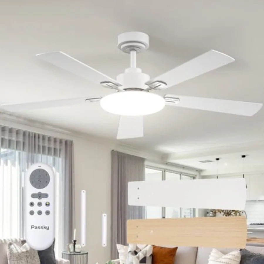 Ceiling Fans with Lights for bedroom and living room, white 52 inch sleek fan with 3CCT dimmable light, reversible and noiseles