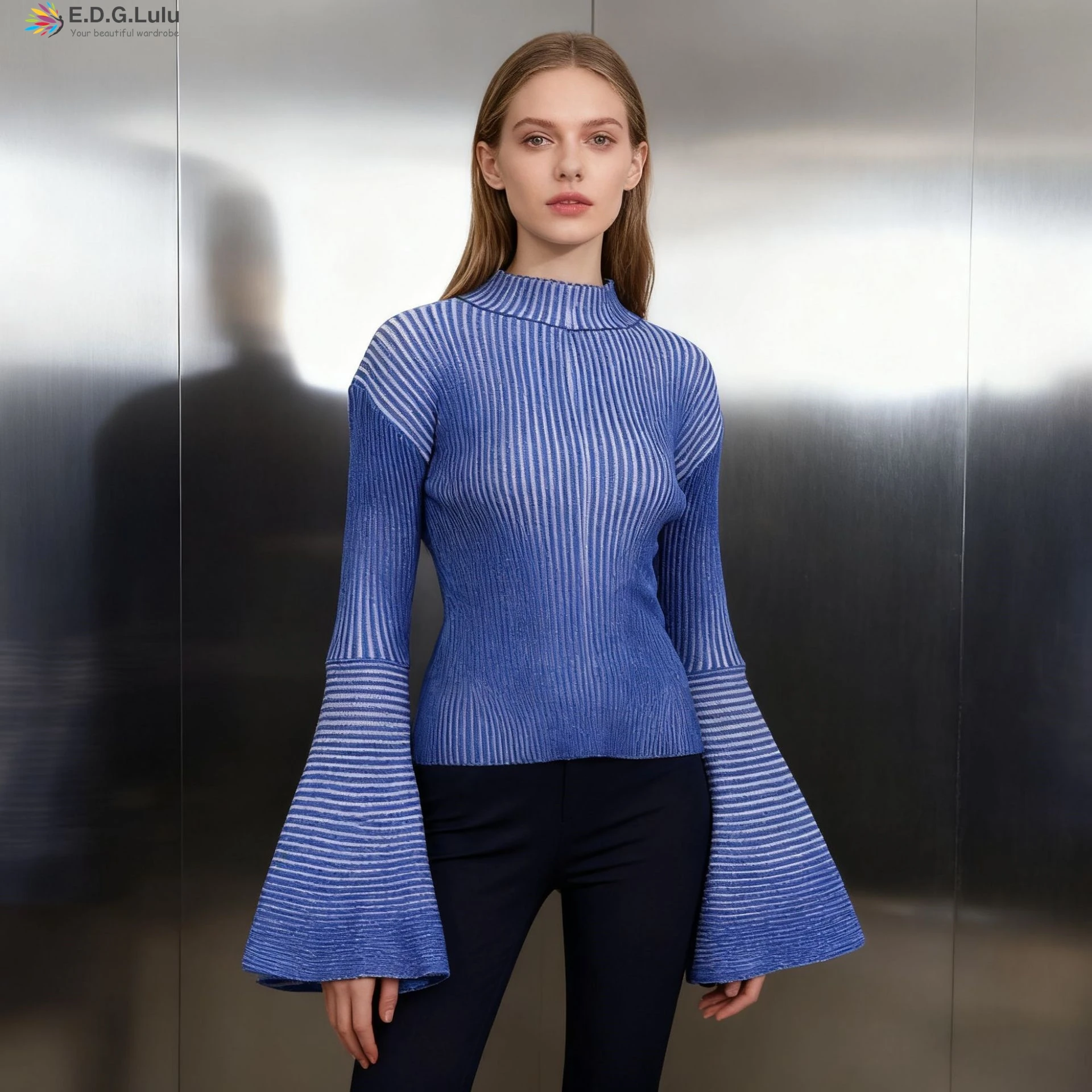 

EDGLuLu High Quality Leisure Streets Striped Knitted Pullover Sweater Round Neck Flared Sleeves Knitted Top Autumn 2025 New1024