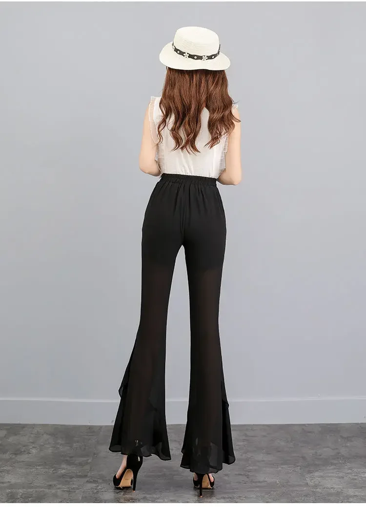 Korean Fashion High Waist Flared Pants Women Summer Thin Slim Black Trousers Design Chiffon Ruffle Lady Bell-Bottoms V654