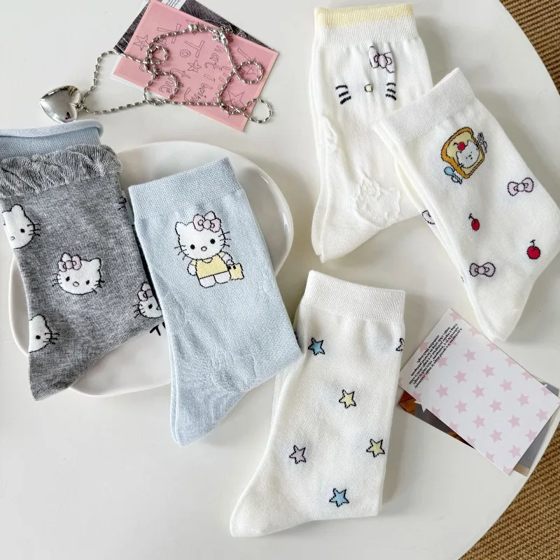 

3Pcs/set Hello Kitty White Cotton Mid Calf Socks for Women Cartoon Winter Autumn Socks Girl Gift