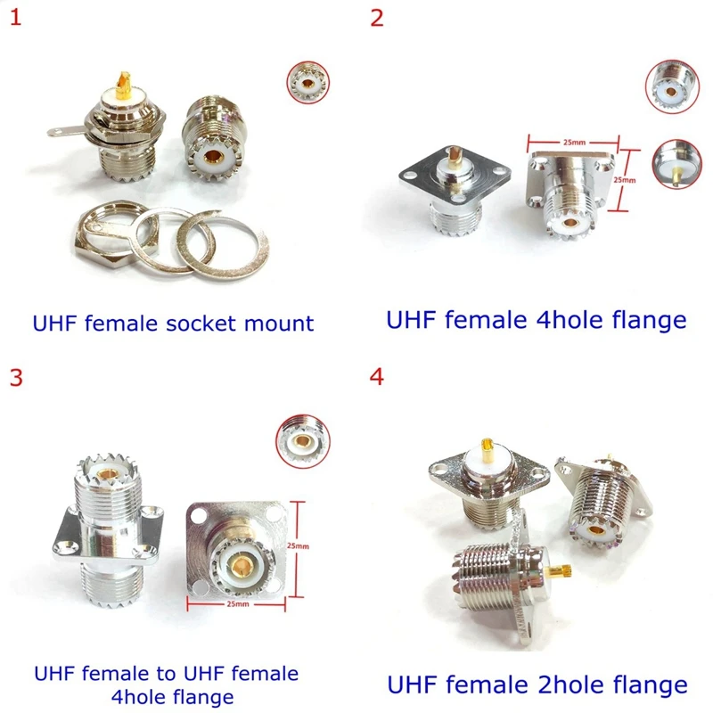 2PCS SO239 SO-239 UHF Female Socket Panel Mount Chassis Bulkhead Connector SL16 UHF 4hole Flange Coax Fast Delivery Copper Brass