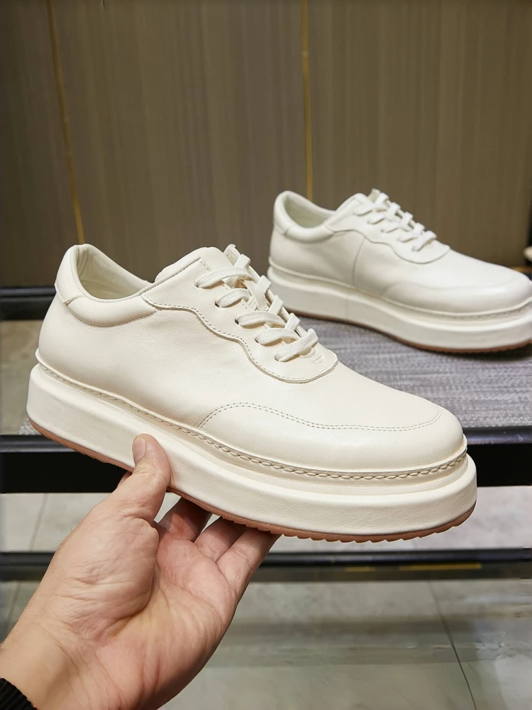 Spring New Men's Horse Leather Thick Soled Simple British Style White Casual Board Shoes
