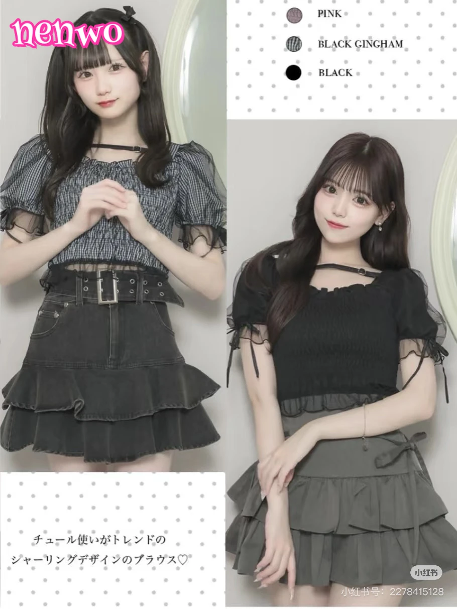 

Рубашки 2022, японские женские летние топы, укороченный топ, футболка с коротким рукавом, шарф, галстук-бабочка, пышные рубашки с объемными рукавами, повседневная рубашка для поездок на работу