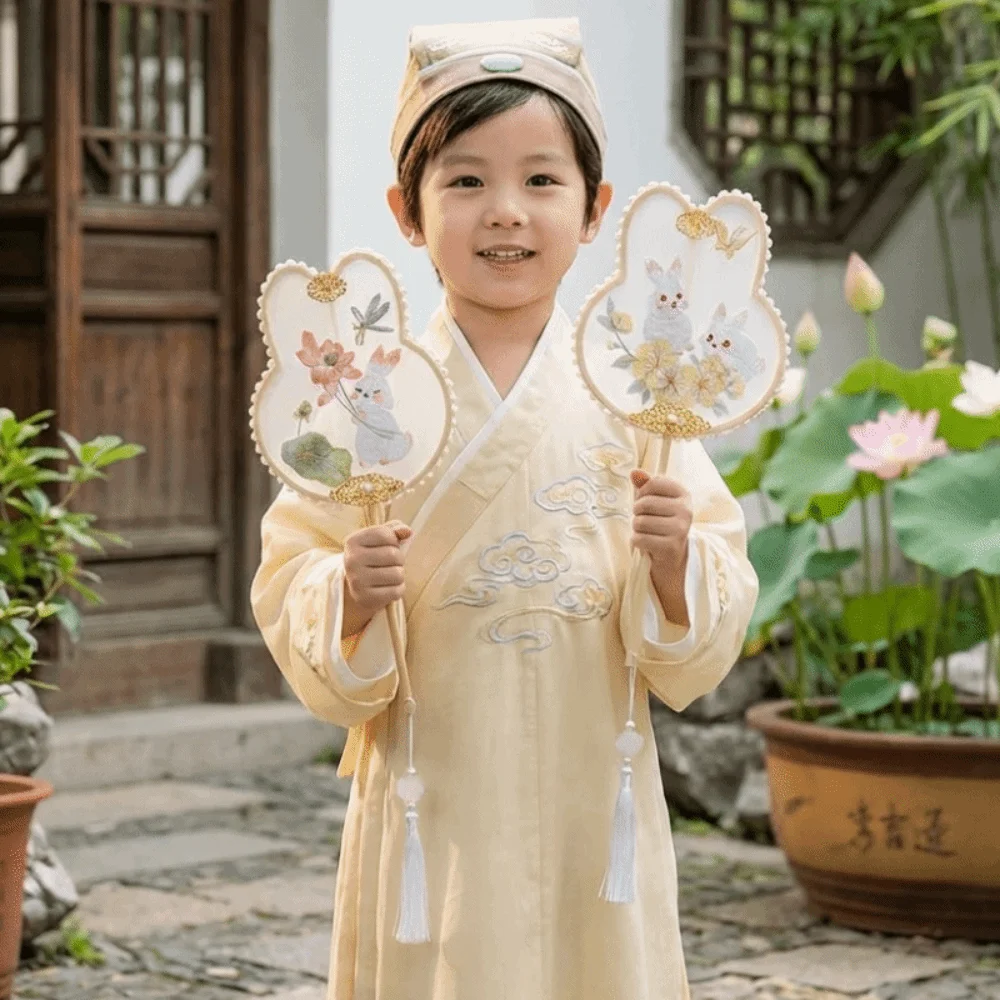 Handheld Chinese Style Embroidery Fan Long Handle Pearl Embellished Ancient Style Fan with Tassel Rabbit Shaped Group Fan