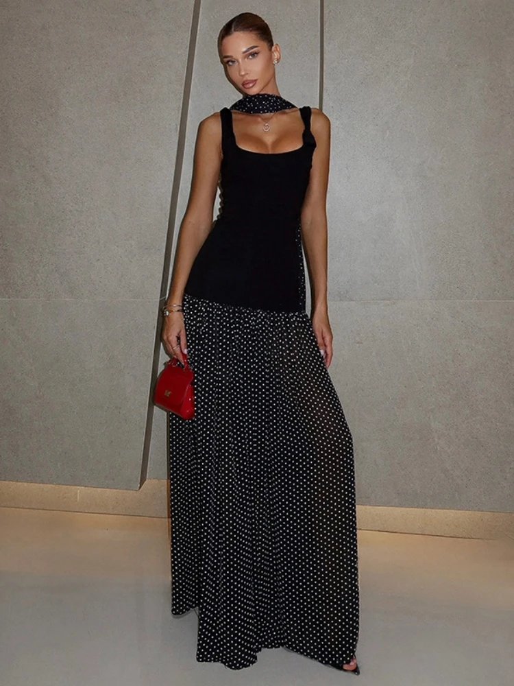 

Dot Print Maxi Dresses For Women Clothing Ribbon Vestidos Elegantes Para Mujer Sleeveless One Piece Streetwear Robe Longue Femme