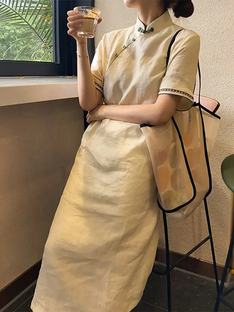 夏の新レトロバックル半袖ドレス女性中国風の緩い気質改善されたチャイナドレス