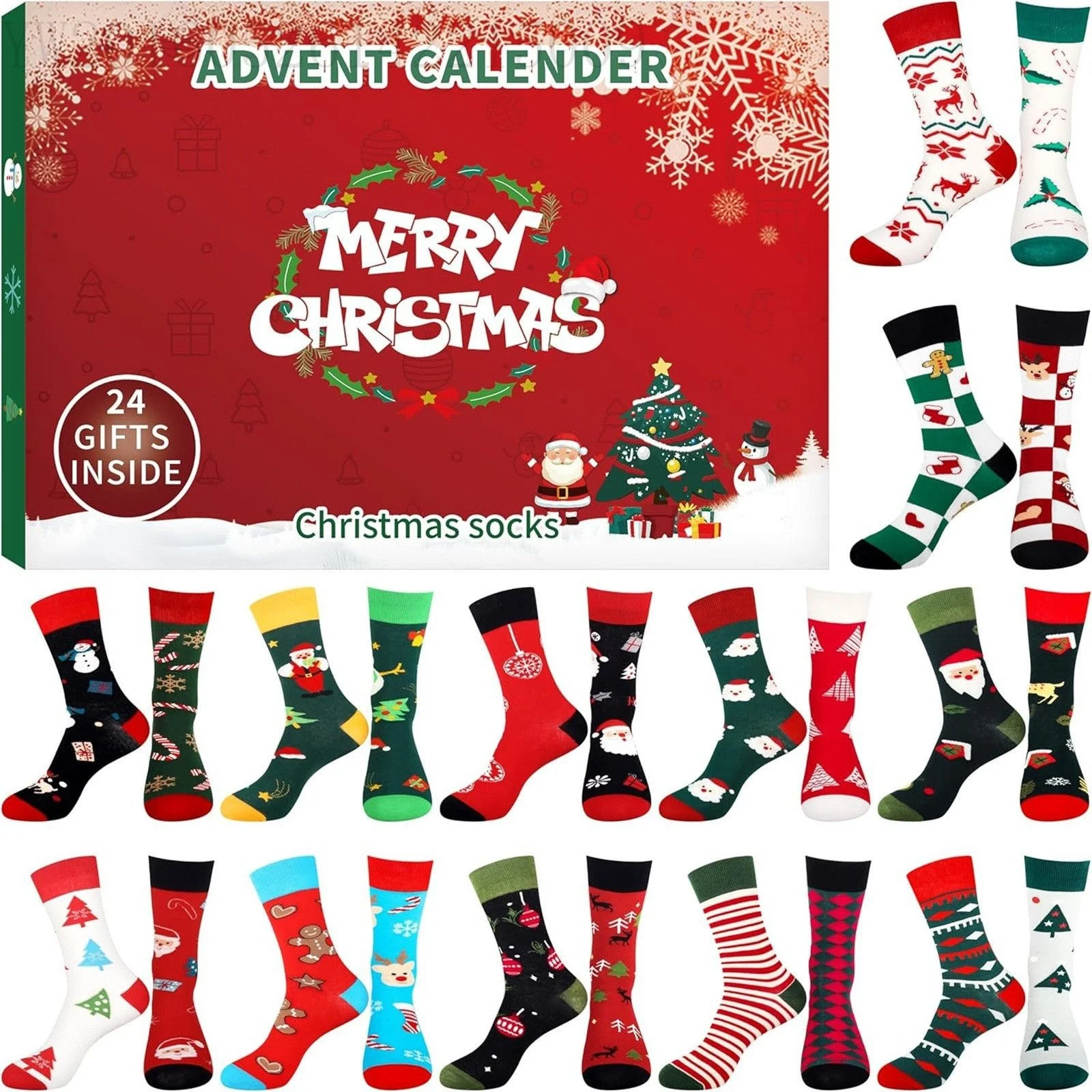 Weihnachtsstrumpf, Adventskalender, lustige Weihnachtssocken, Weihnachtssocken für Männer, 24-Tage-Advent-Box-Socken, verschiedene Weihnachten