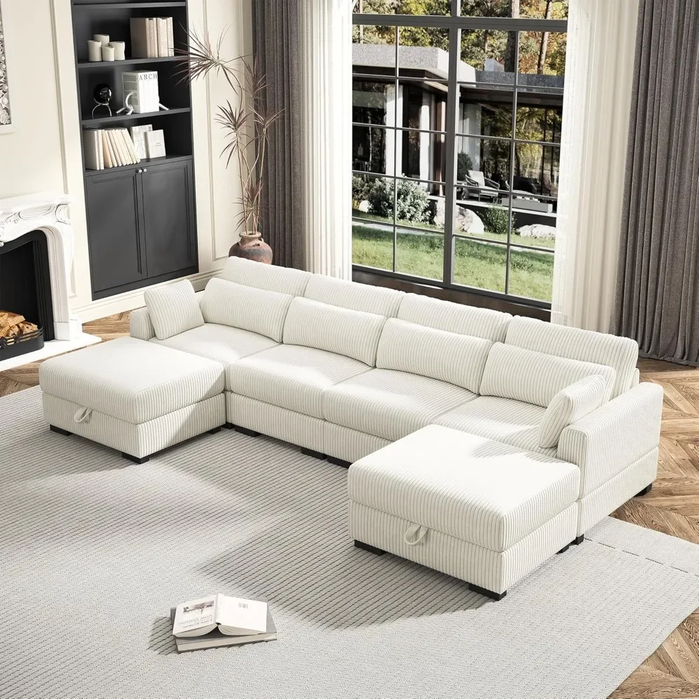 130inch Modular Sectional Sofa, 6Seater Oversized Convertible Couch, Corduroy Fabric with 2X Storage Bench and 9 Cushion Pillows