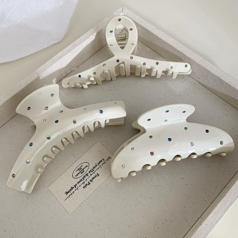 

Ins Hot Sale Fashion Geometric Colorful Rhinestones Hair Clip Simple Cream White Acetate Shark Clip Hair Accessories For Woman