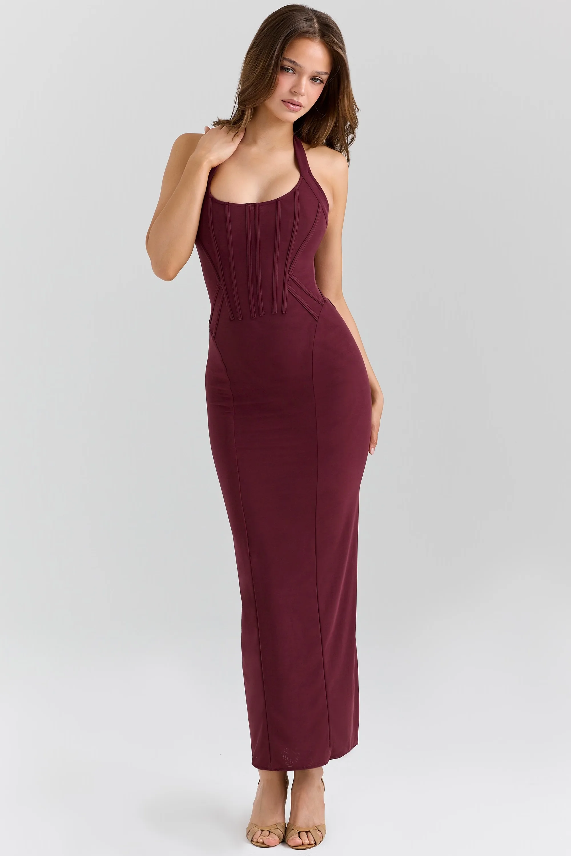 Halter U Neck Corset Midi Dress Vertical Stitch Slim Bodycon Back Split Zipper Long Gown For Bridesmaid Birthday Evening Event