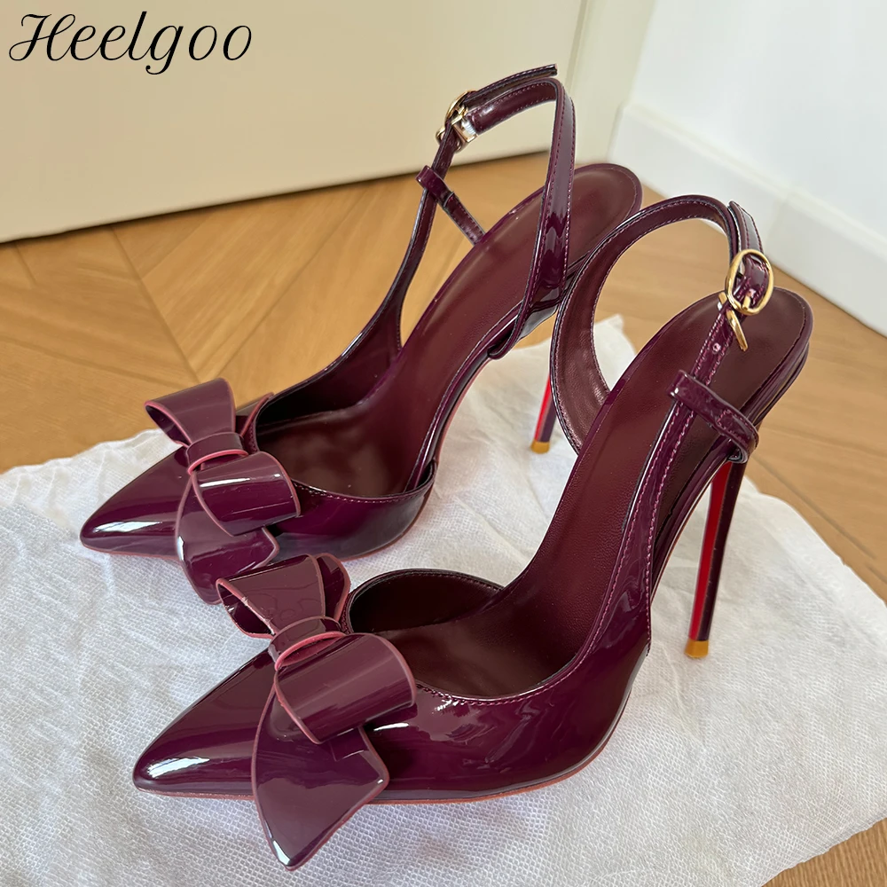 

New Sexy Sweet Bow Pointed Toe Slingback High Heels 12cm Burgundy Stiletto Dress Shoes for Women Fashion Party Evening Footwear
