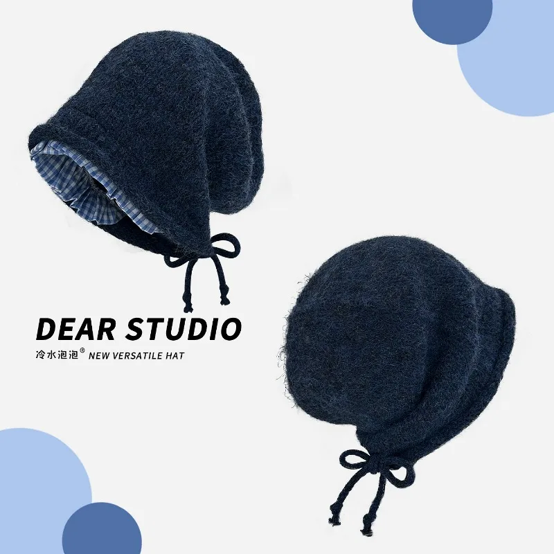 

Korean Fashion Plaid Lace Drawstring Knitted Beanies for Women Autumn and Winter Travel Warm Versatile Casual Pullover Hats