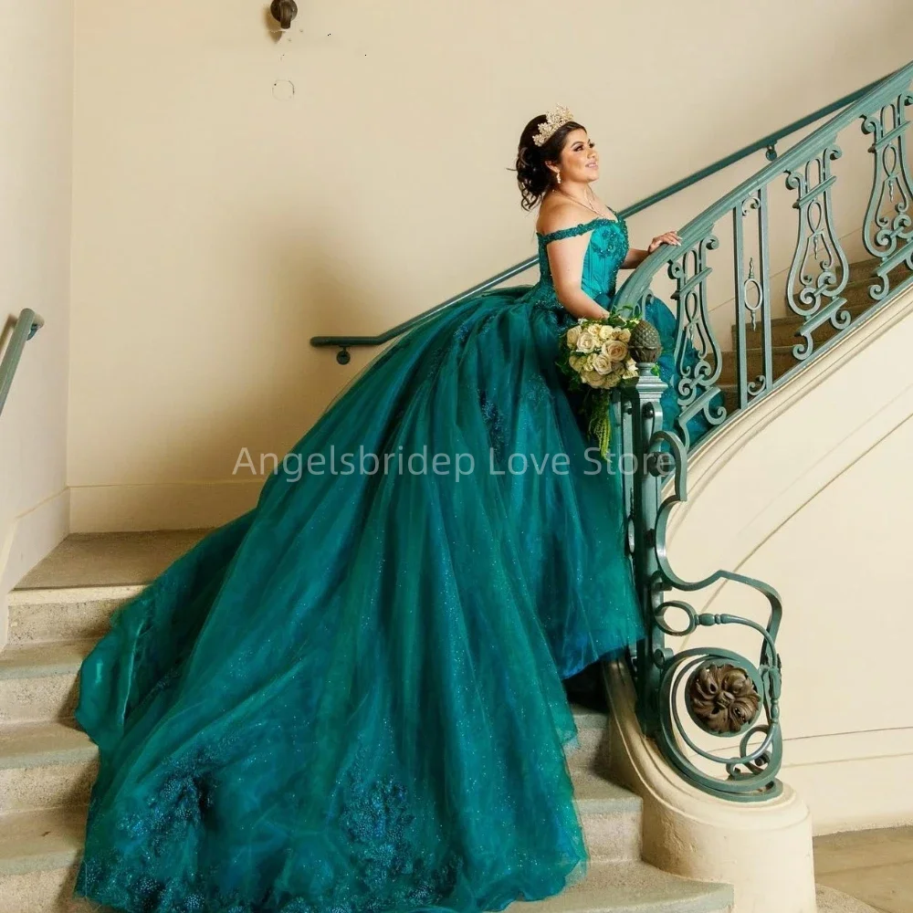 Angelsbridep-vestido De baile verde esmeralda con hombros descubiertos, quinceañera, 15 años