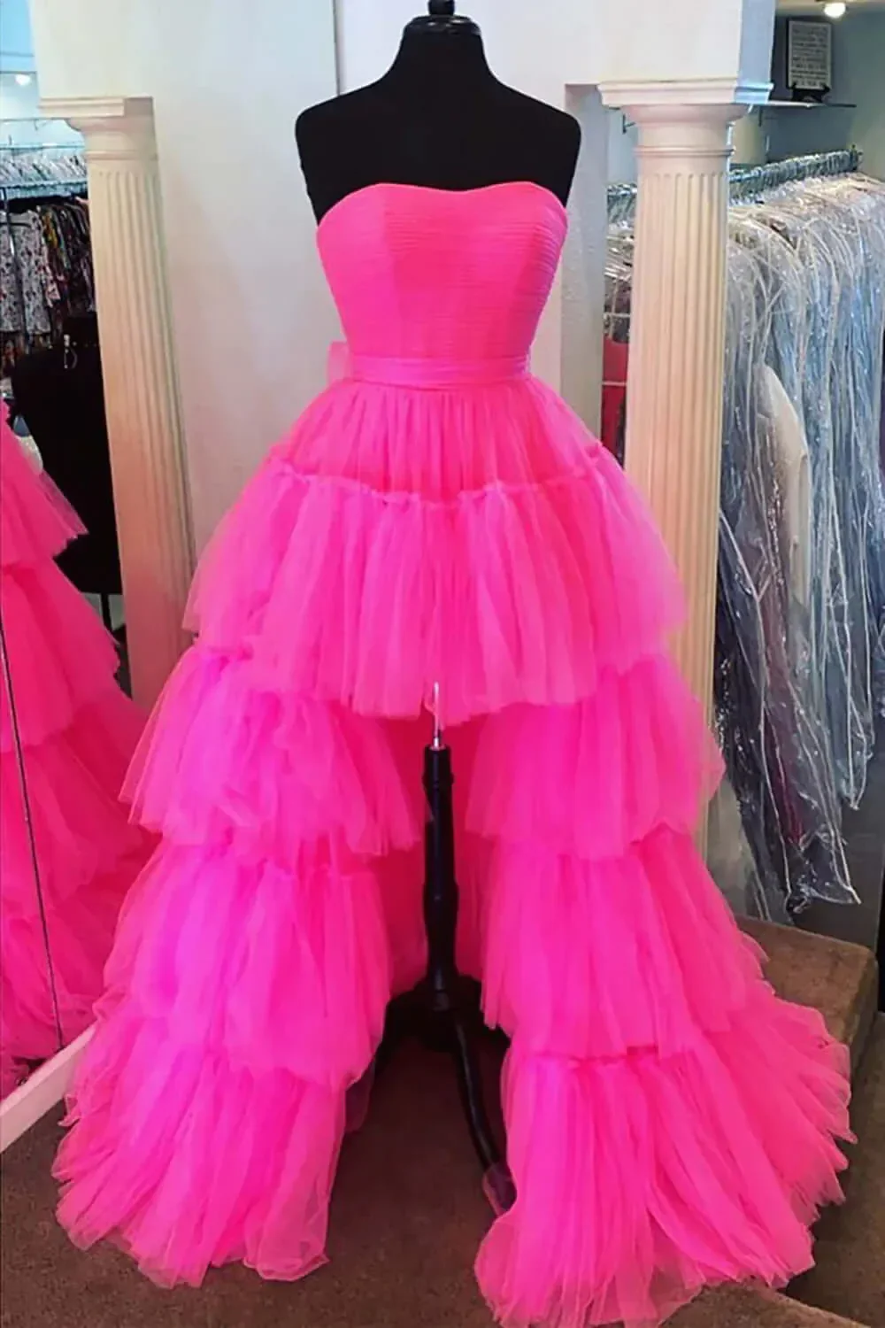 Hot Pink High Low Prom Dresses Strapless Ruffles Special Formal Party Gowns for Women Custom Evening Gowns