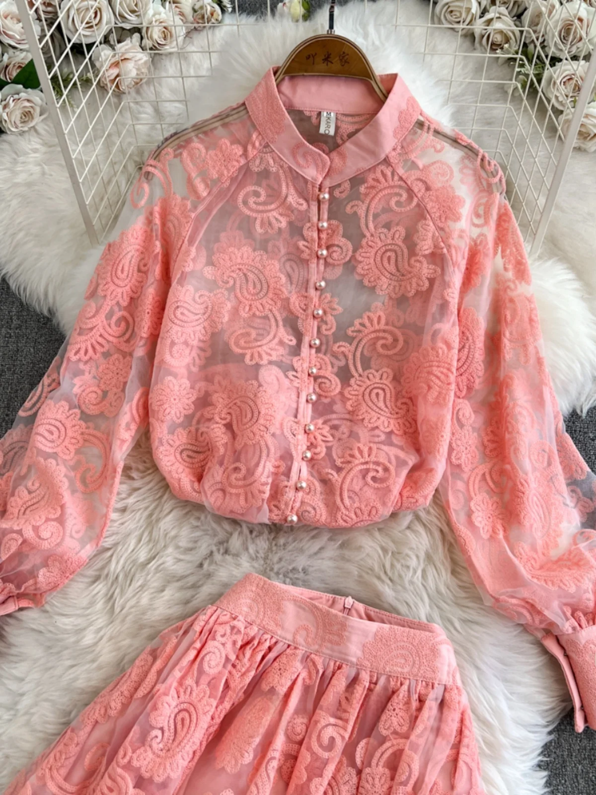 

Ele Lace Embroidery High Waist Skirt And irt Tee Piece Set for Young Women Button up Long Sve Stand Collar