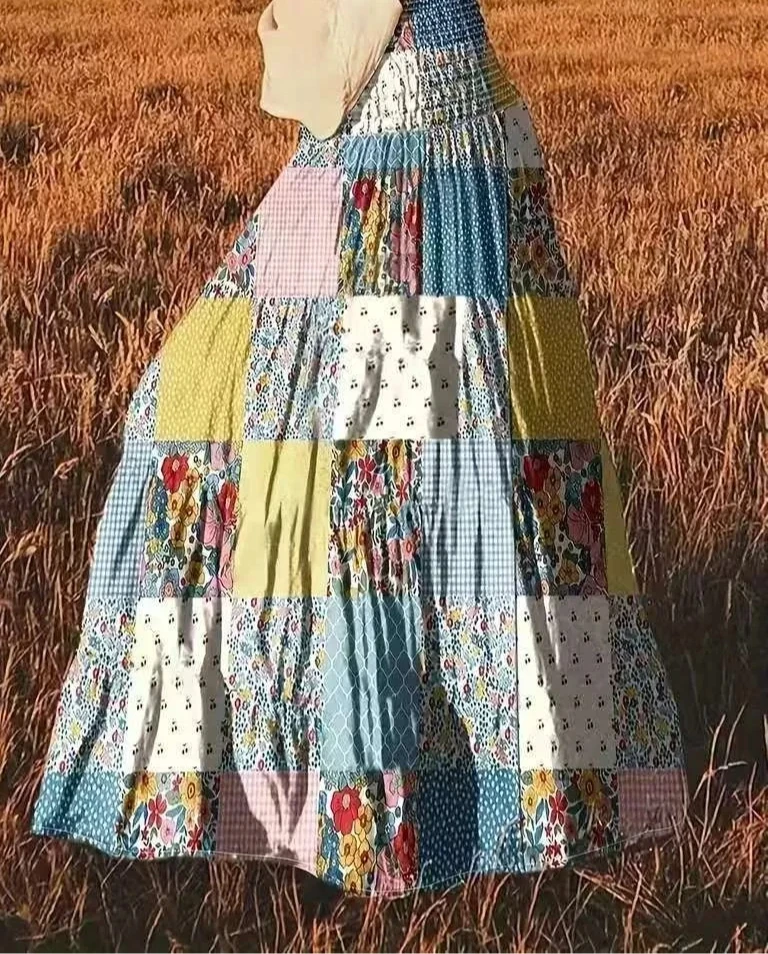 

Trendy Printed Patchwork Women's Wear: Floral Mid-Skirt with a High-Waisted Long Skirt Design