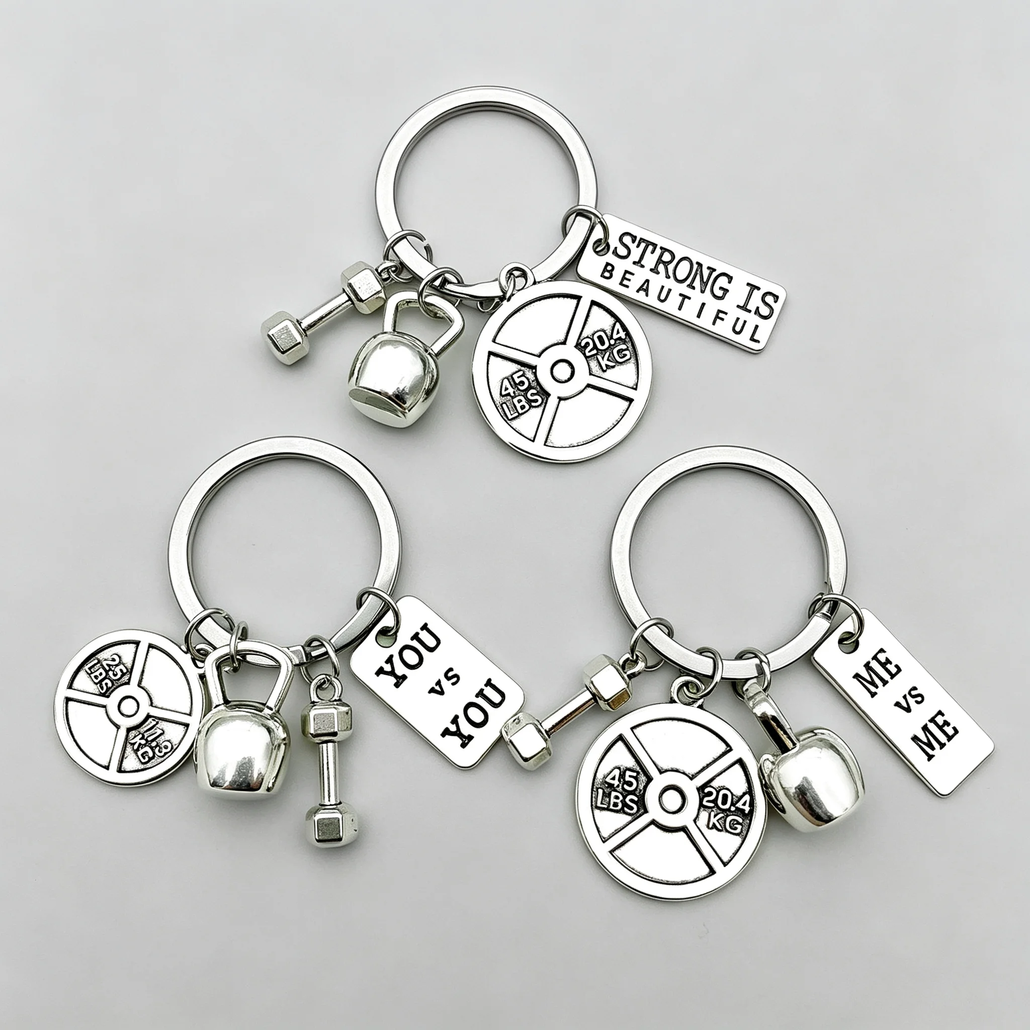 Fitness-Schlüsselanhänger, Metall-Gewichtsscheibe, Kettlebell, Hantel-Anhänger, inspirierender Buchstabenanhänger, Geschenk für Fitnessliebhaber, Schlüsselring für Auto, Tasche, Sport – Detail 7