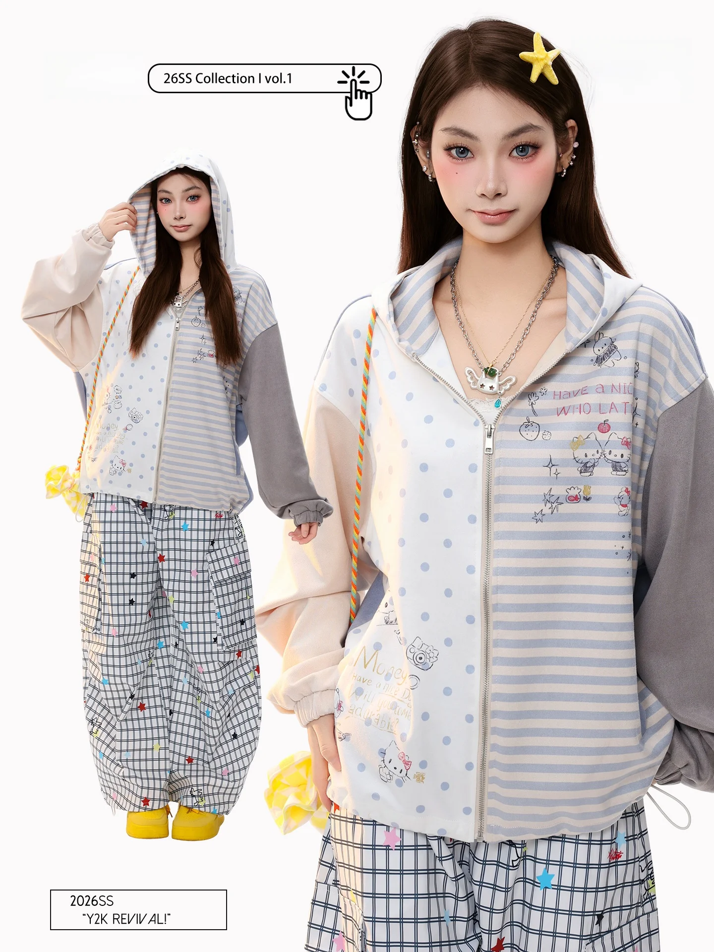 

PBB American Retro Striped Polka Dot Splice Hoodie Women's Gentle Lazy Versatile oulder Zipper Jaet Casual Sle Long Sve