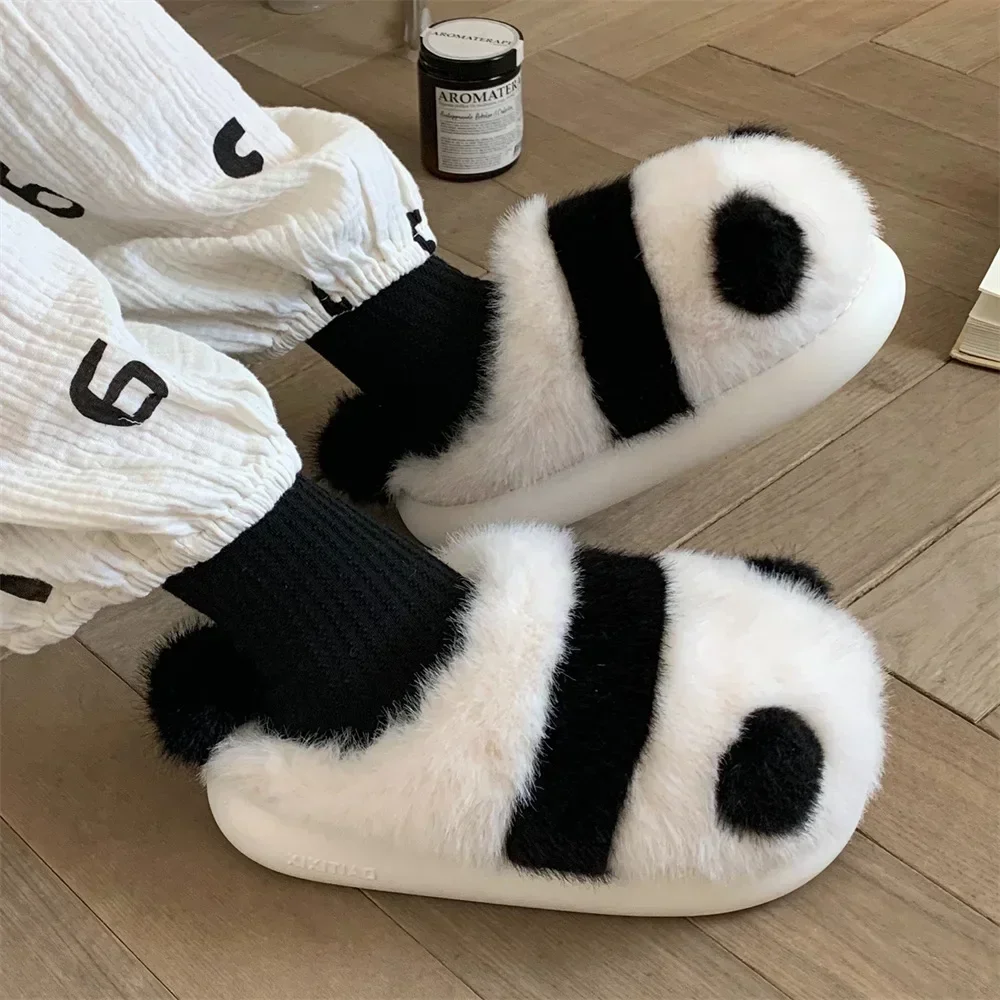 Chinelos panda interior para mulheres, peludos planos, desenhos animados em casa, sapatos de algodão, animal fofo, quentes, slides antiderrapantes,